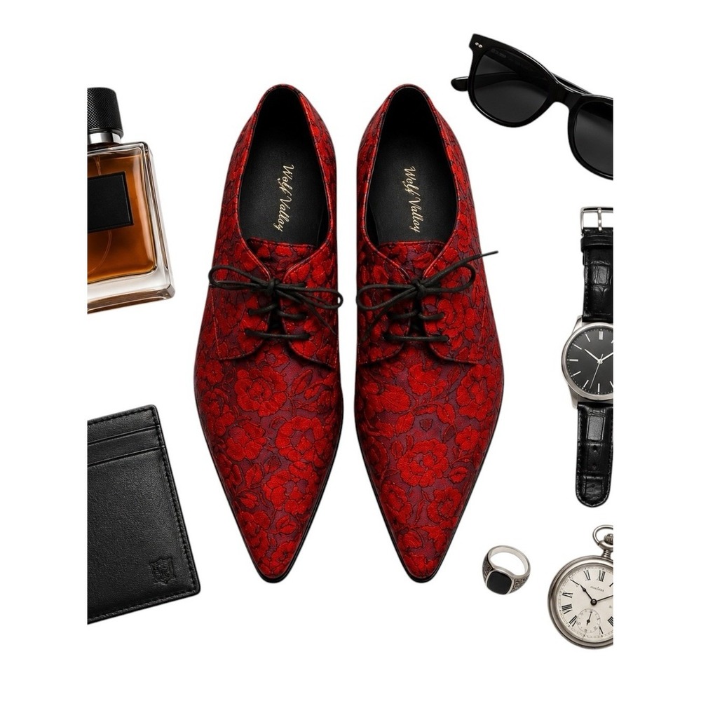 Wolf Valley Red Brocade Pointed Toe Oxford Shoes Men's 10.5 11 Statement in EUC